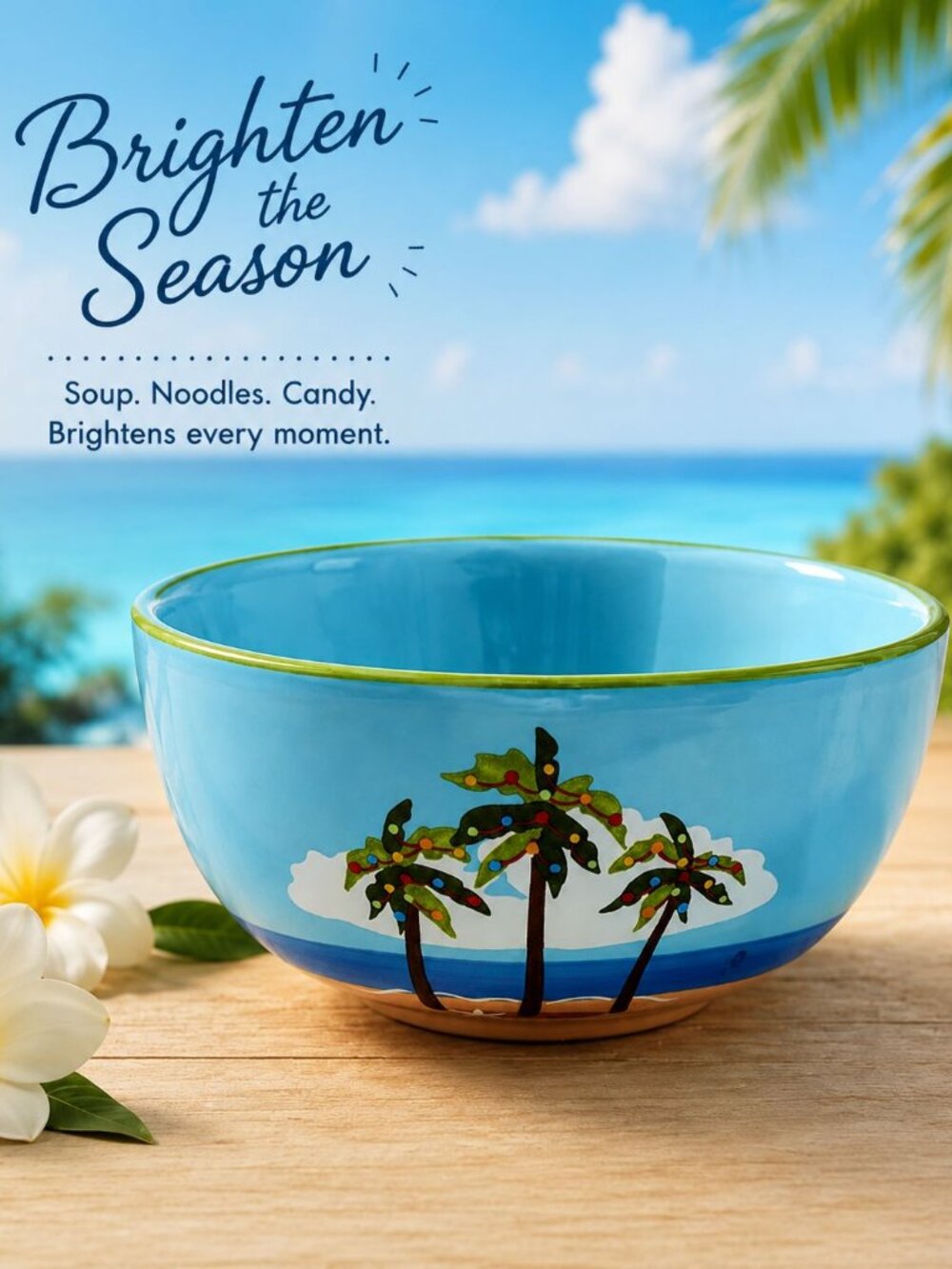 Brighten the Season Tropical Palm Tree Beach Bowl 6" Blue Ceramic Soup Noodle